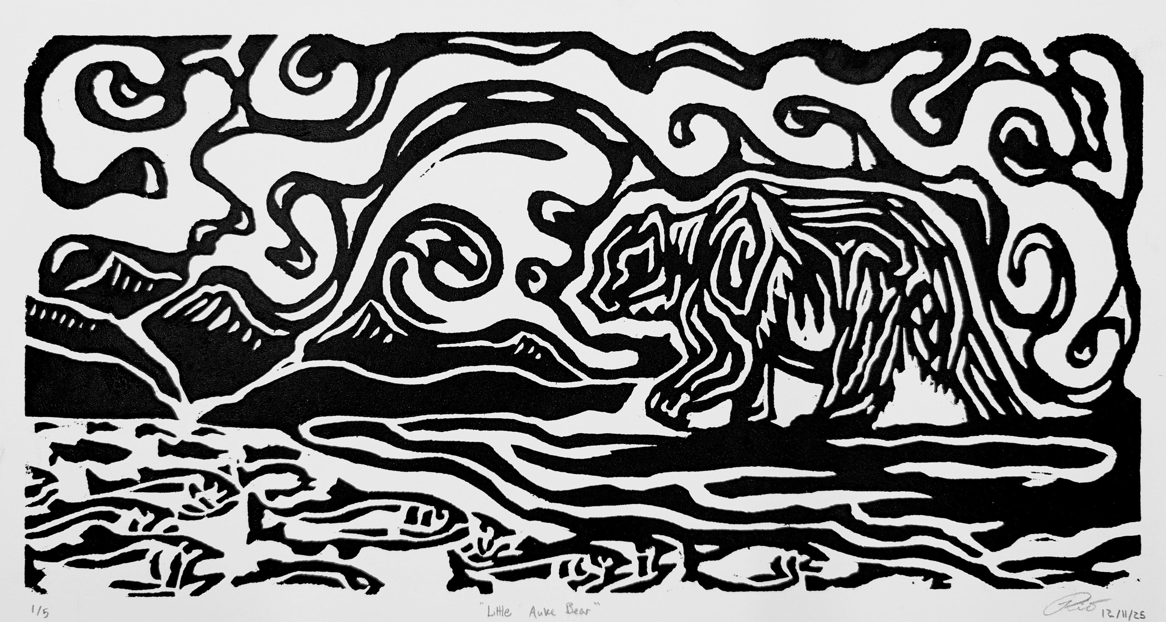 Little Auke Bear — Woodblock Print, Ink on Paper, 17"×9"