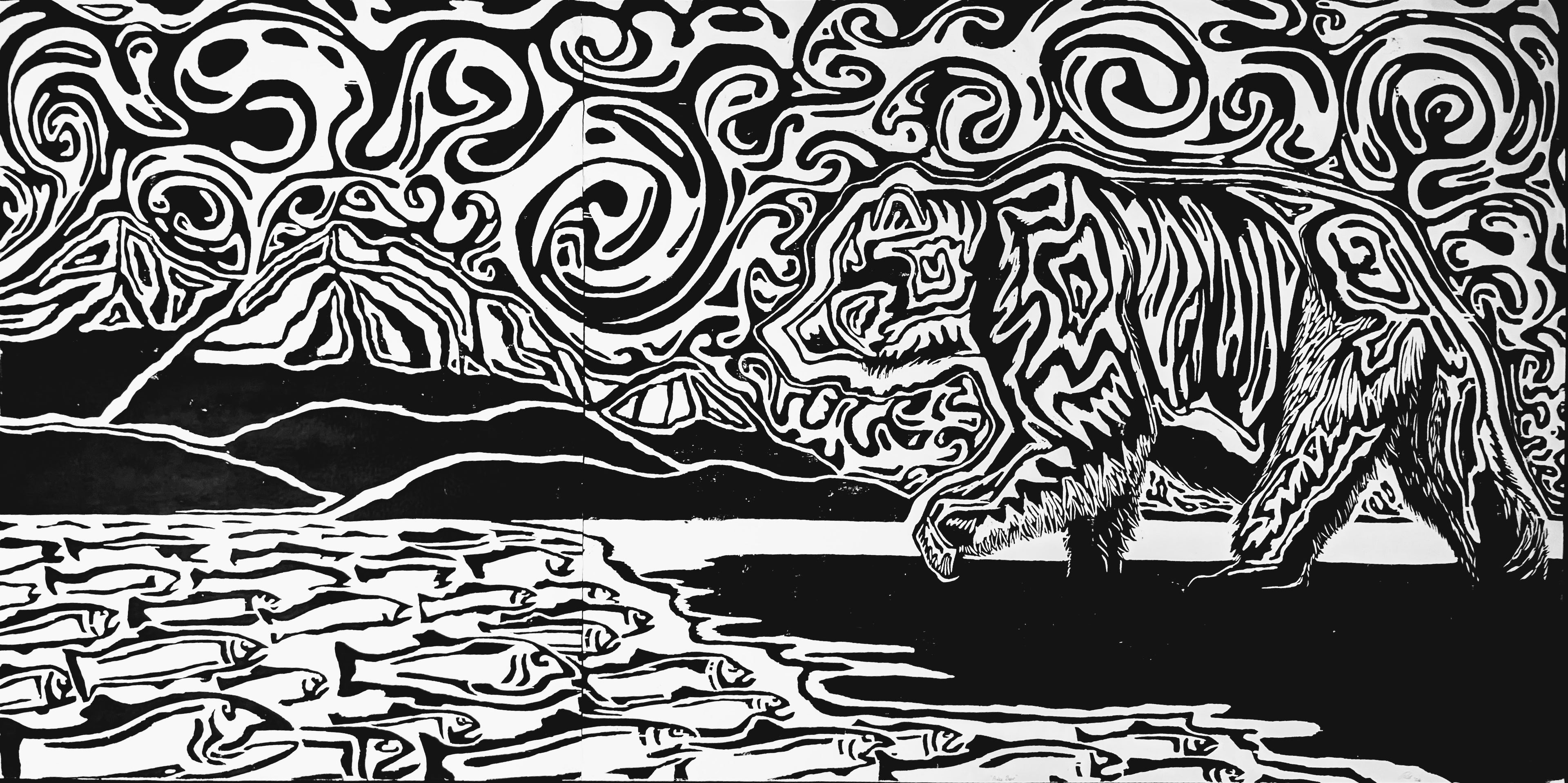 Auke Bear — Woodblock Print, Ink on Paper, 96"×48"