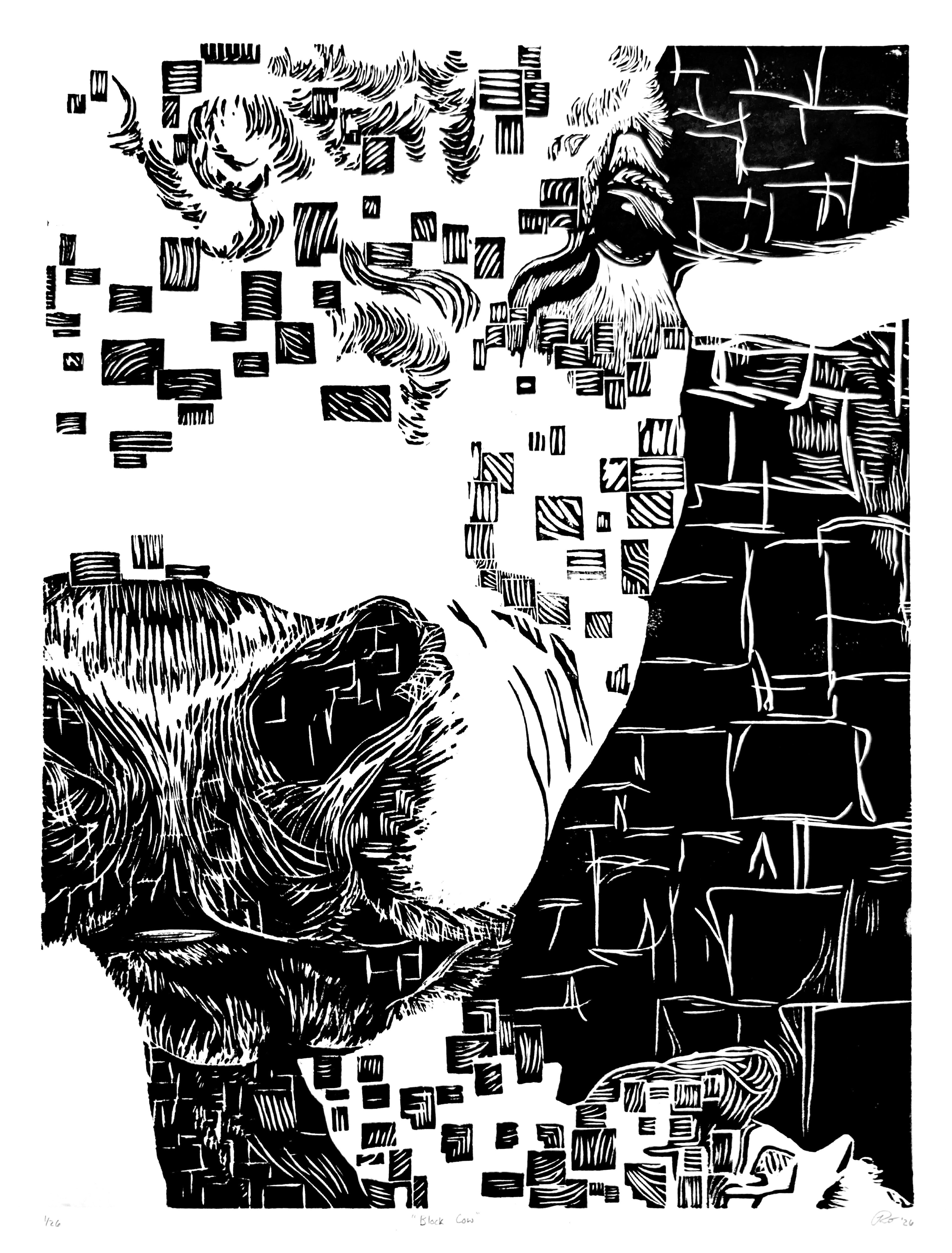 "Block Cow" — Woodblock Print, Ink on Paper, 20"×27"