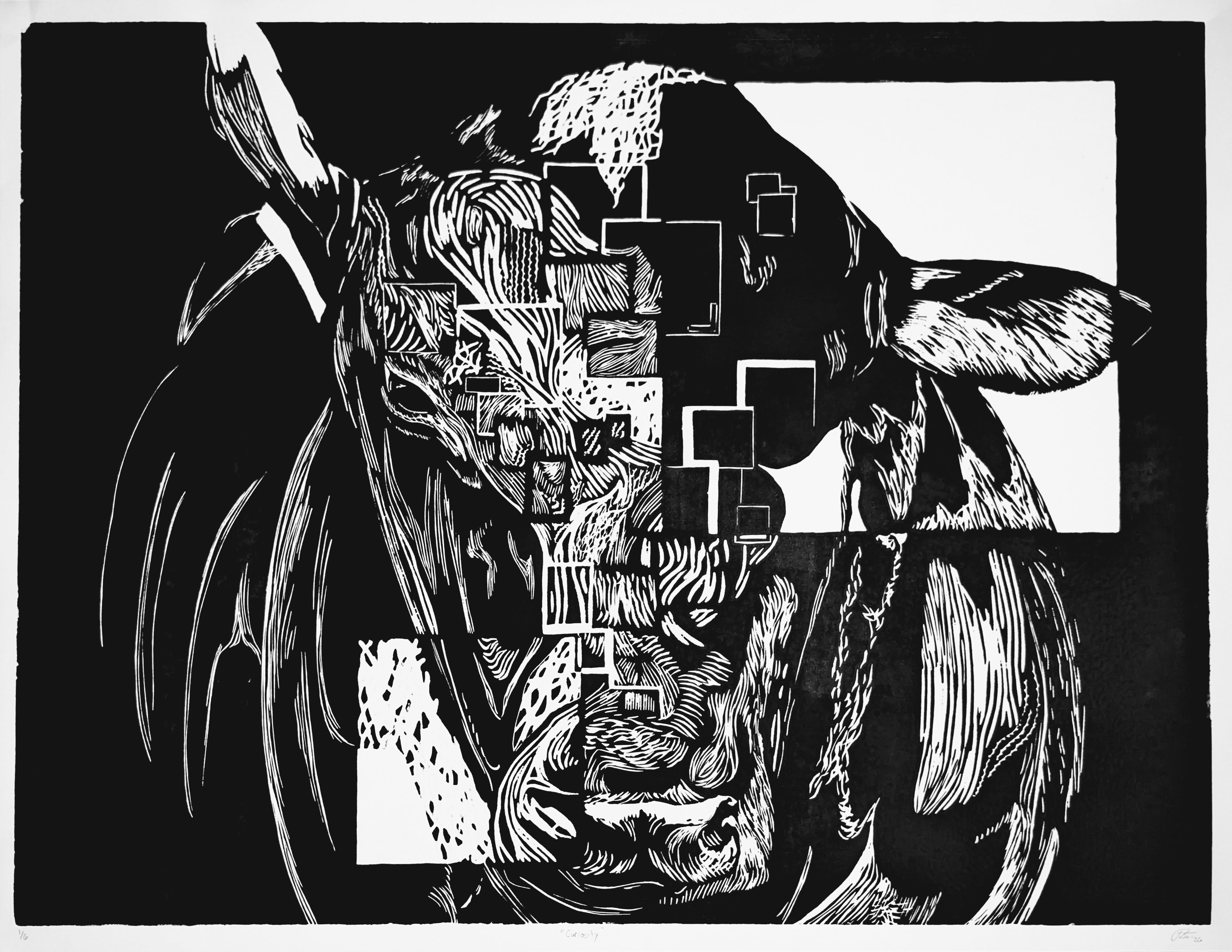 "Curiosity" — Woodblock Print, Ink on Paper, 44"×34"