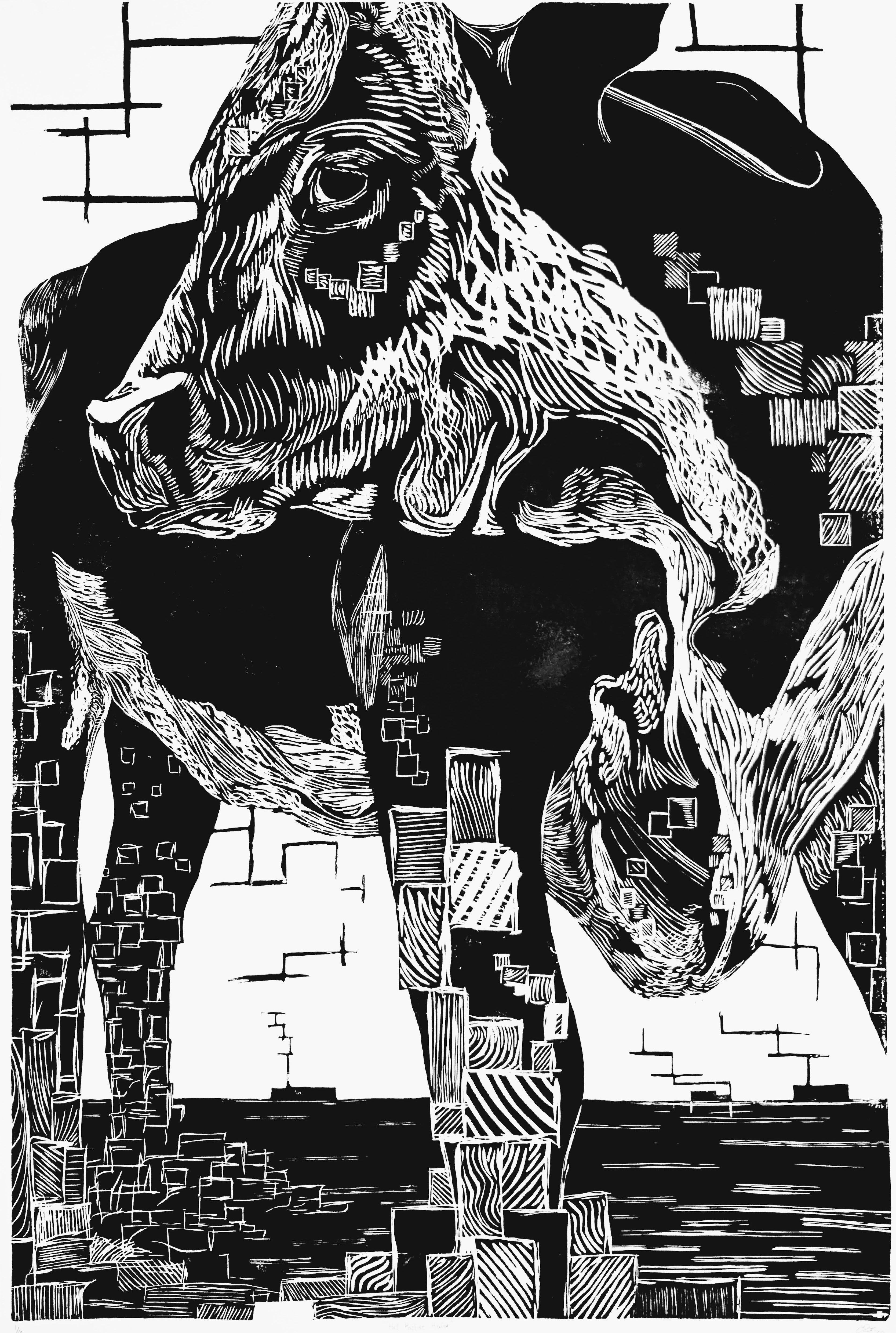 "Hall Pasture Heifer" — Woodblock Print, Ink on Paper, 33.5"×50.25"