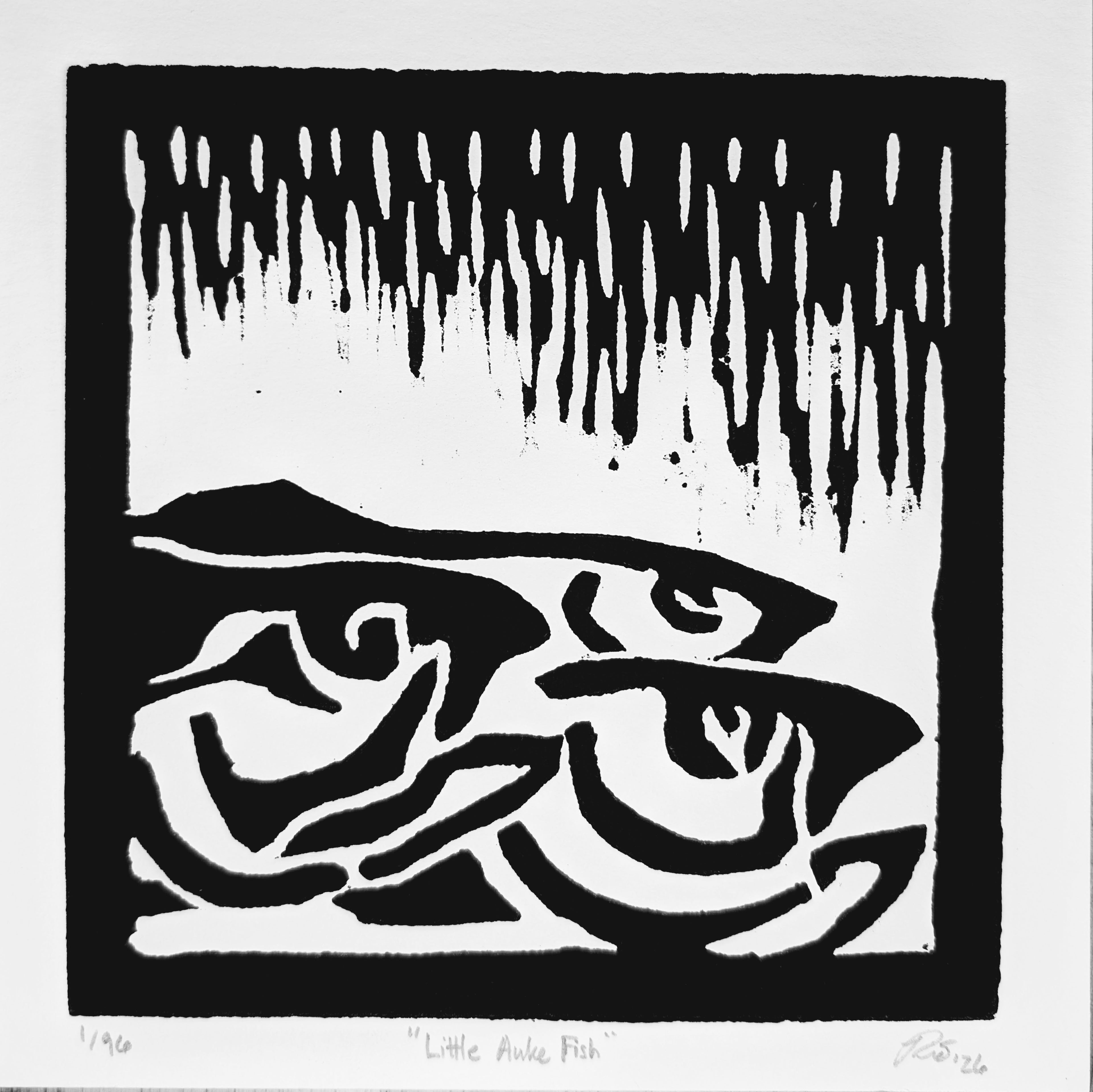 "Little Auke Fish" — Woodblock Print, Ink on Paper, 6"×6"