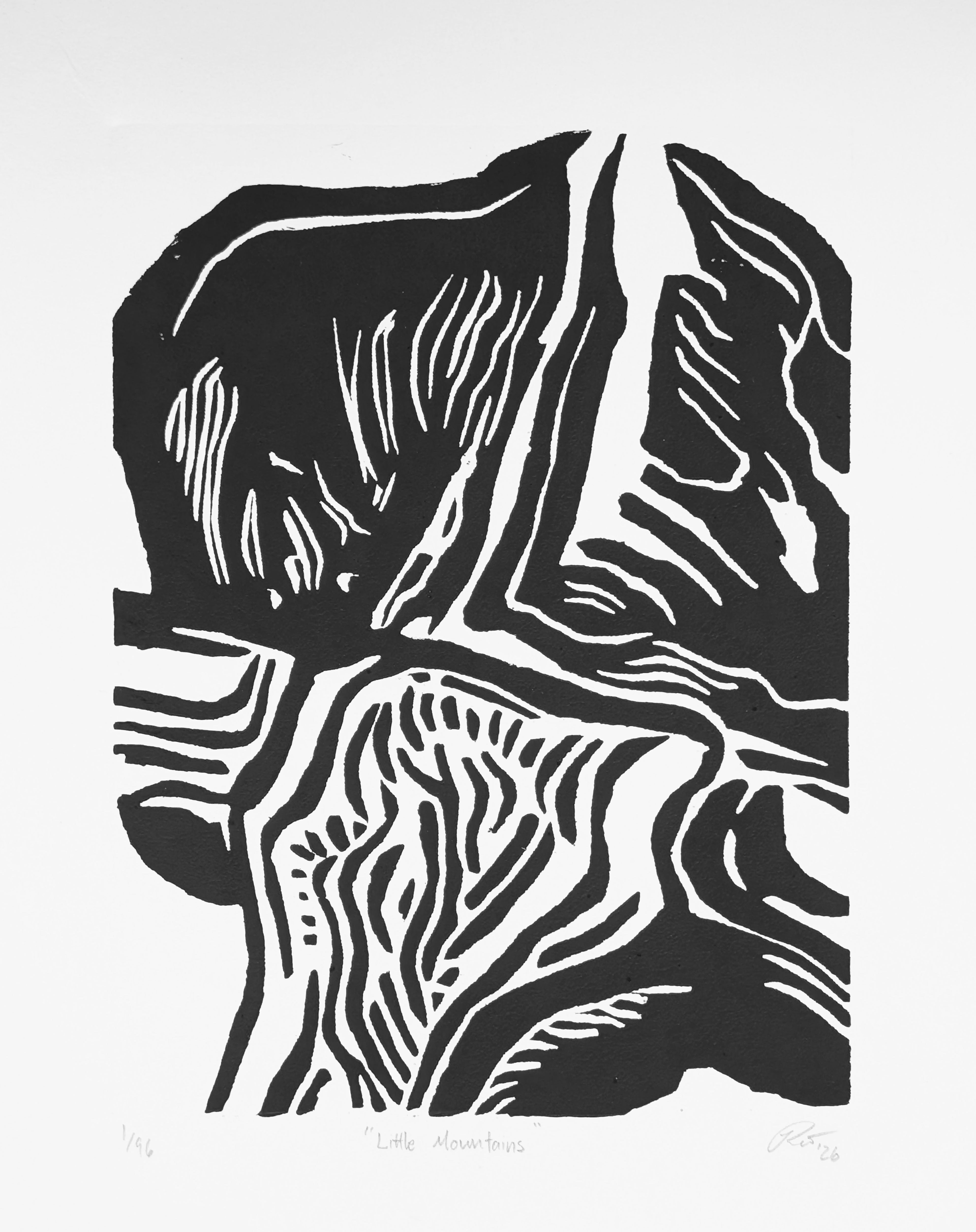 "Little Mountains" — Woodblock Print, Ink on Paper, 6"×8"