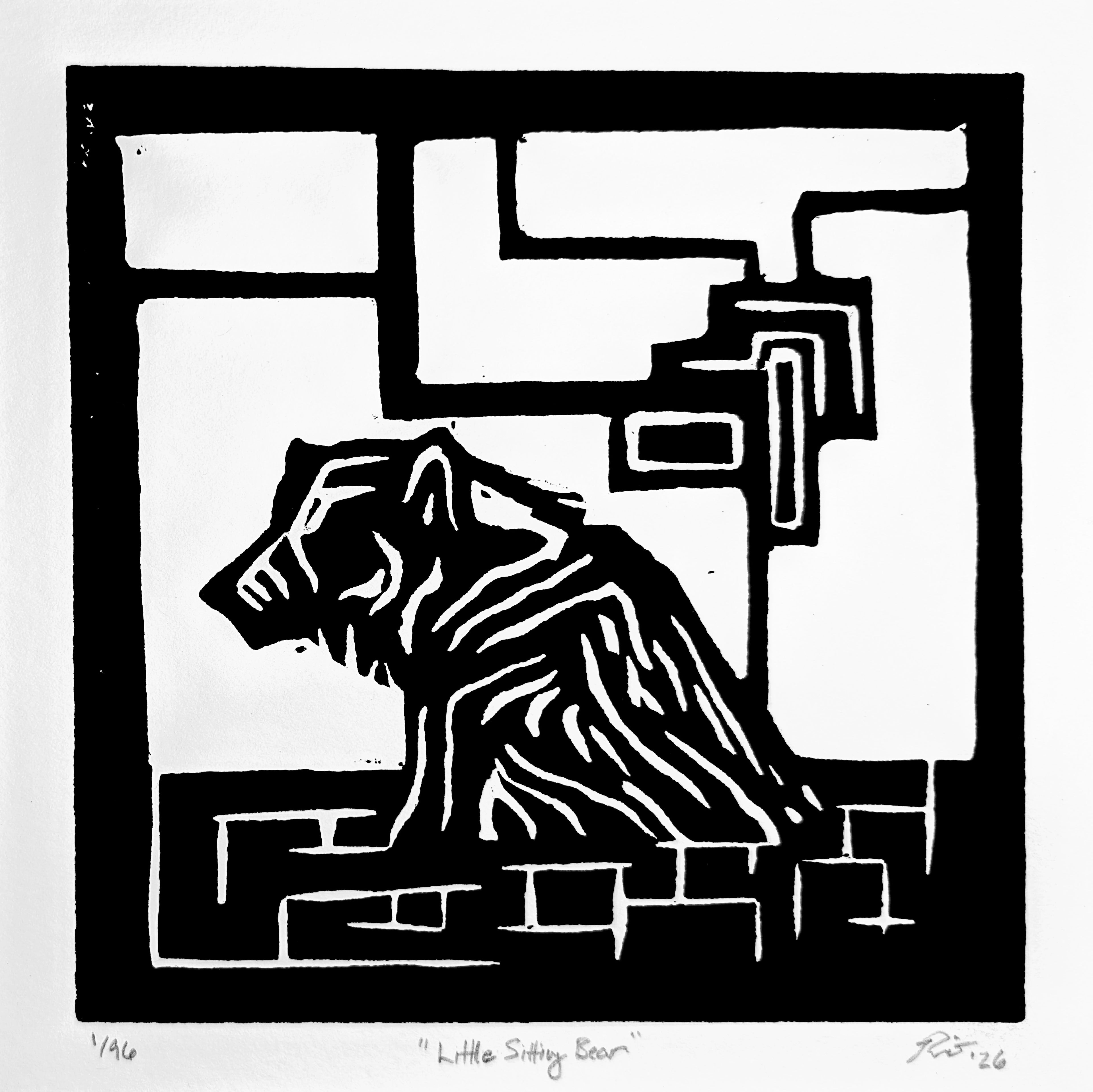 "Little Sitting Bear" — Woodblock Print, Ink on Paper, 6"×6"