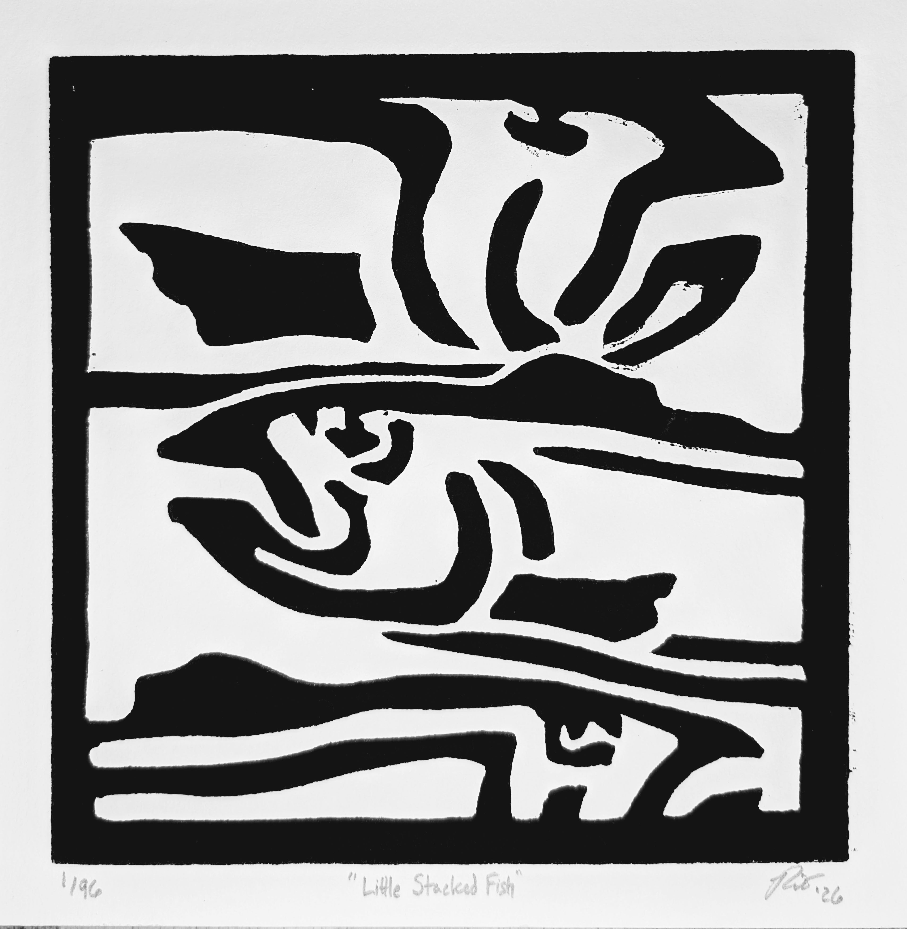 "Little Stacked Fish" — Woodblock Print, Ink on Paper, 6"×6"
