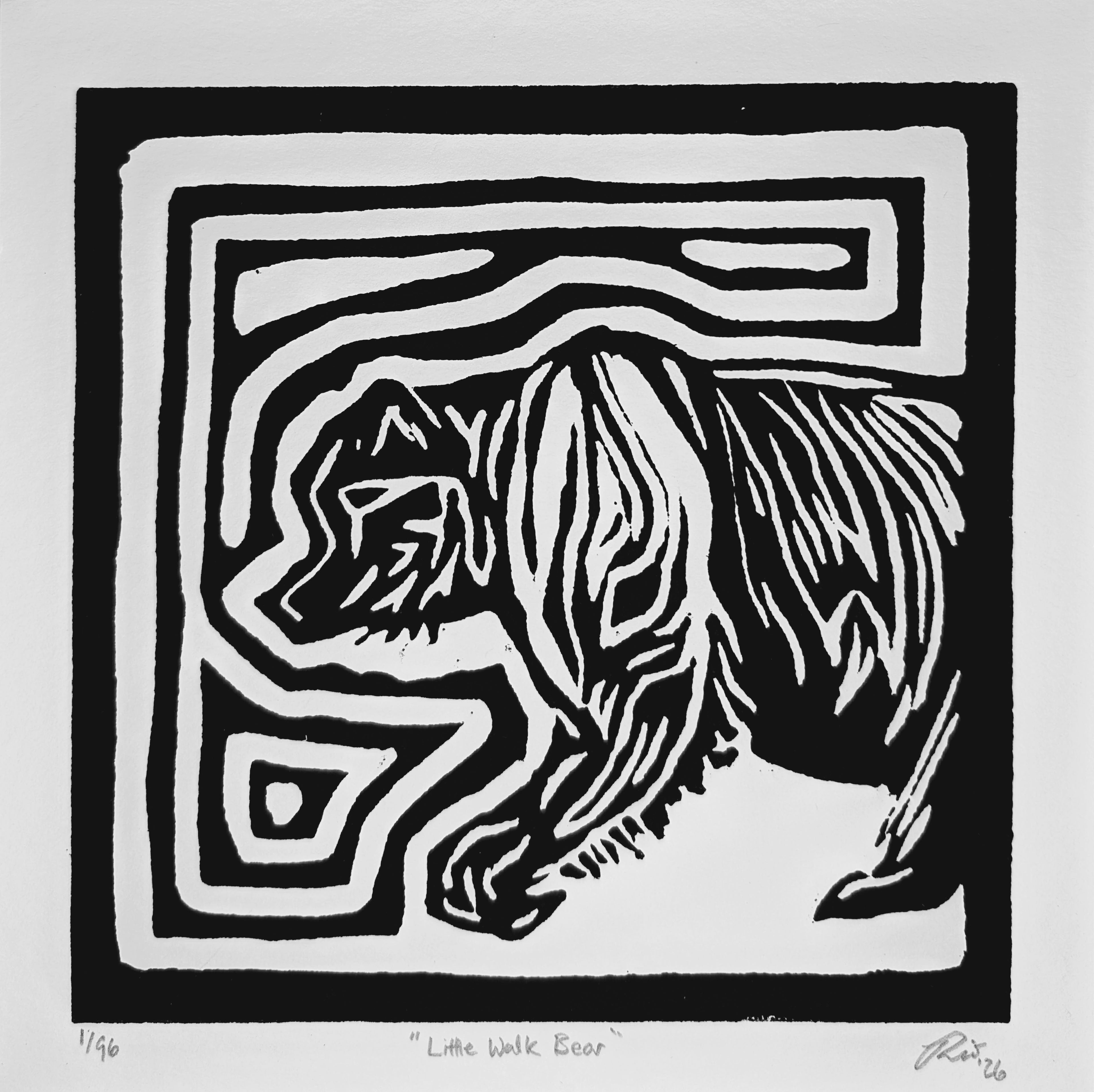 "Little Walk Bear" — Woodblock Print, Ink on Paper, 6"×6"