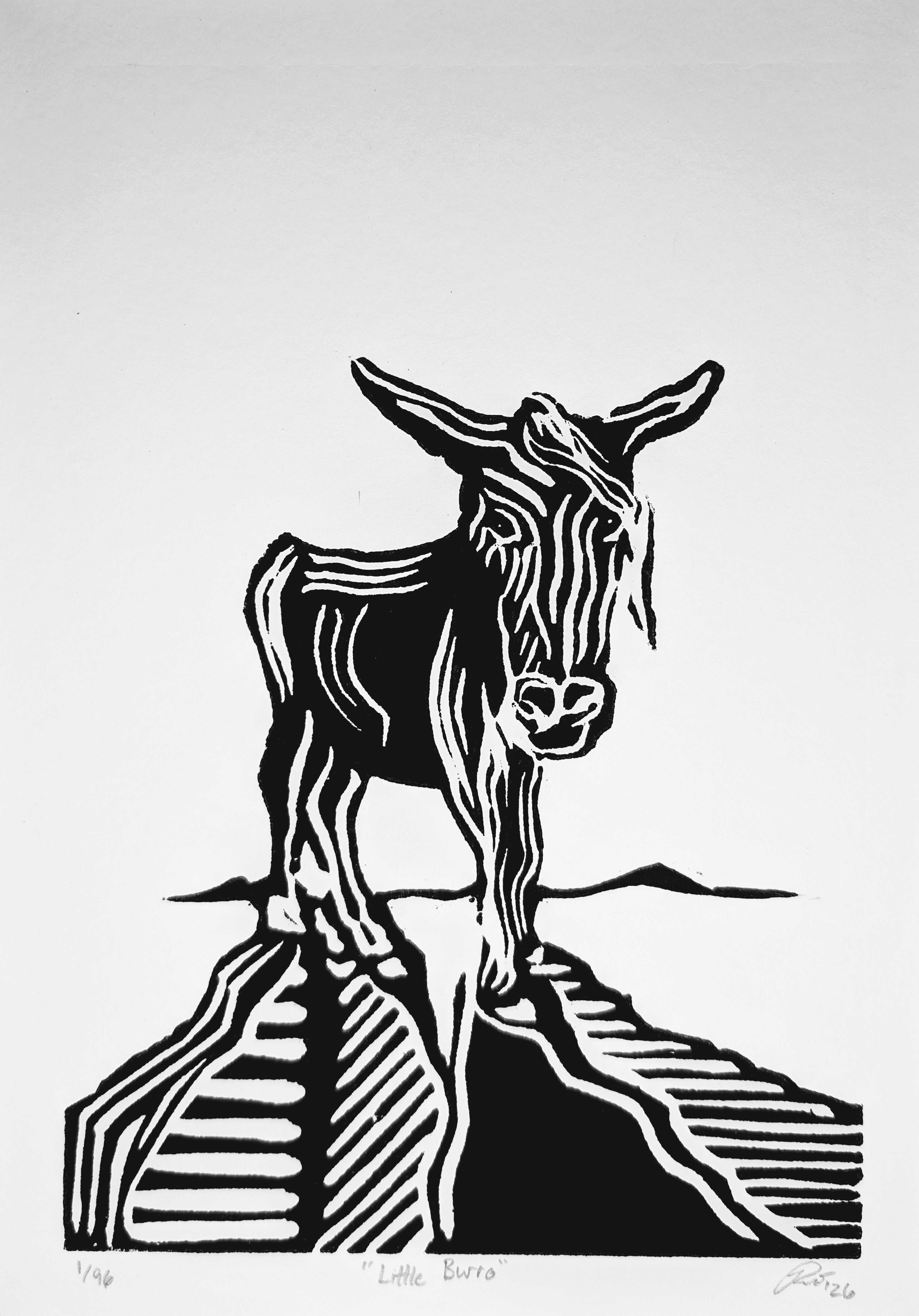 "Little Burro" — Woodblock Print, Ink on Paper, 6"×9"