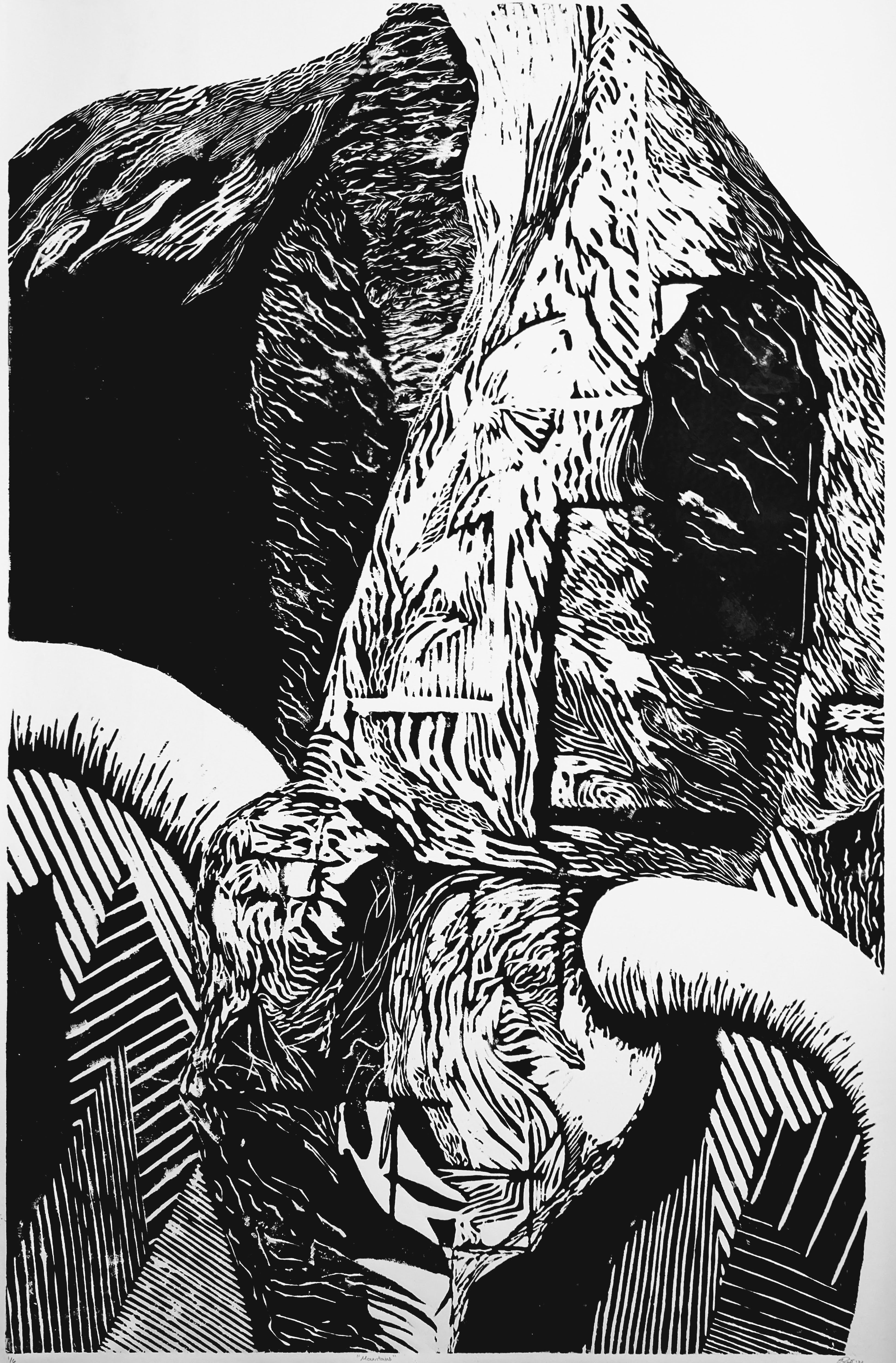 "Mountains" — Woodblock Print, Ink on Paper, 33.5"×50"