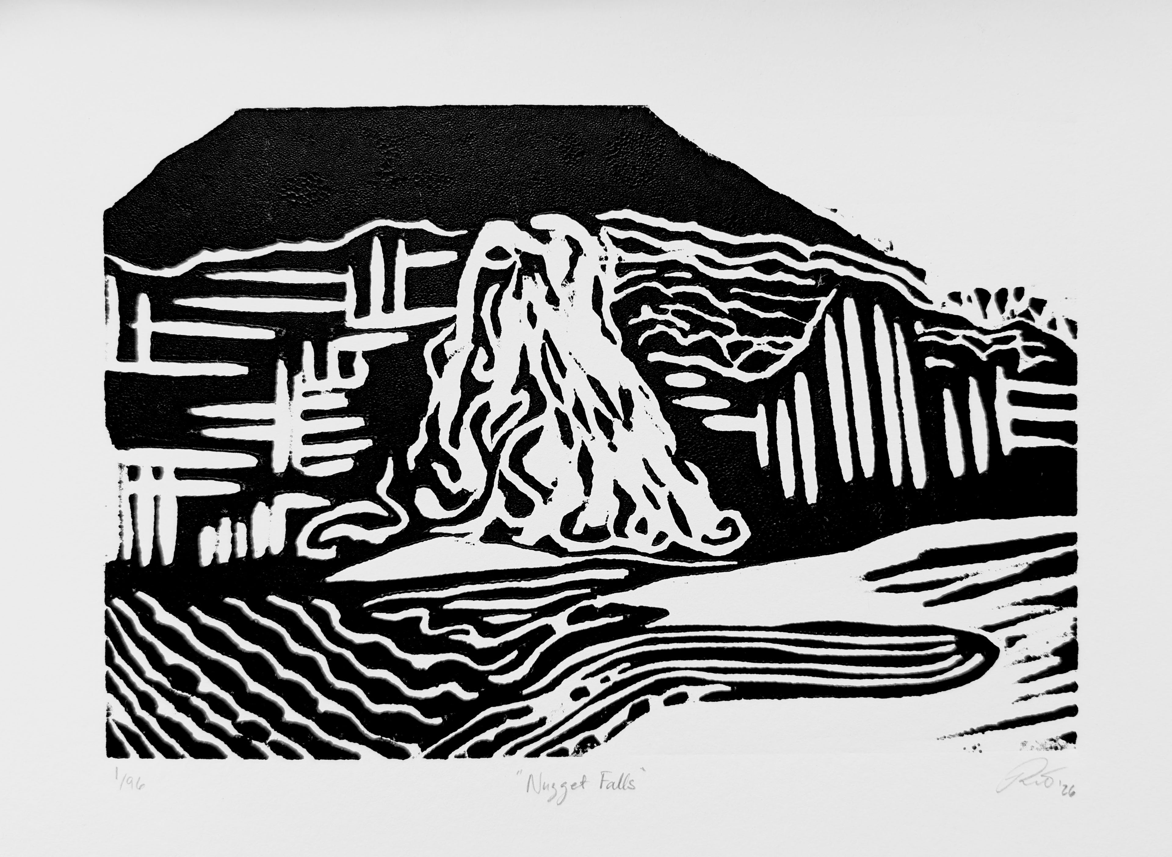 "Nugget Falls" — Woodblock Print, Ink on Paper, 9"×6"