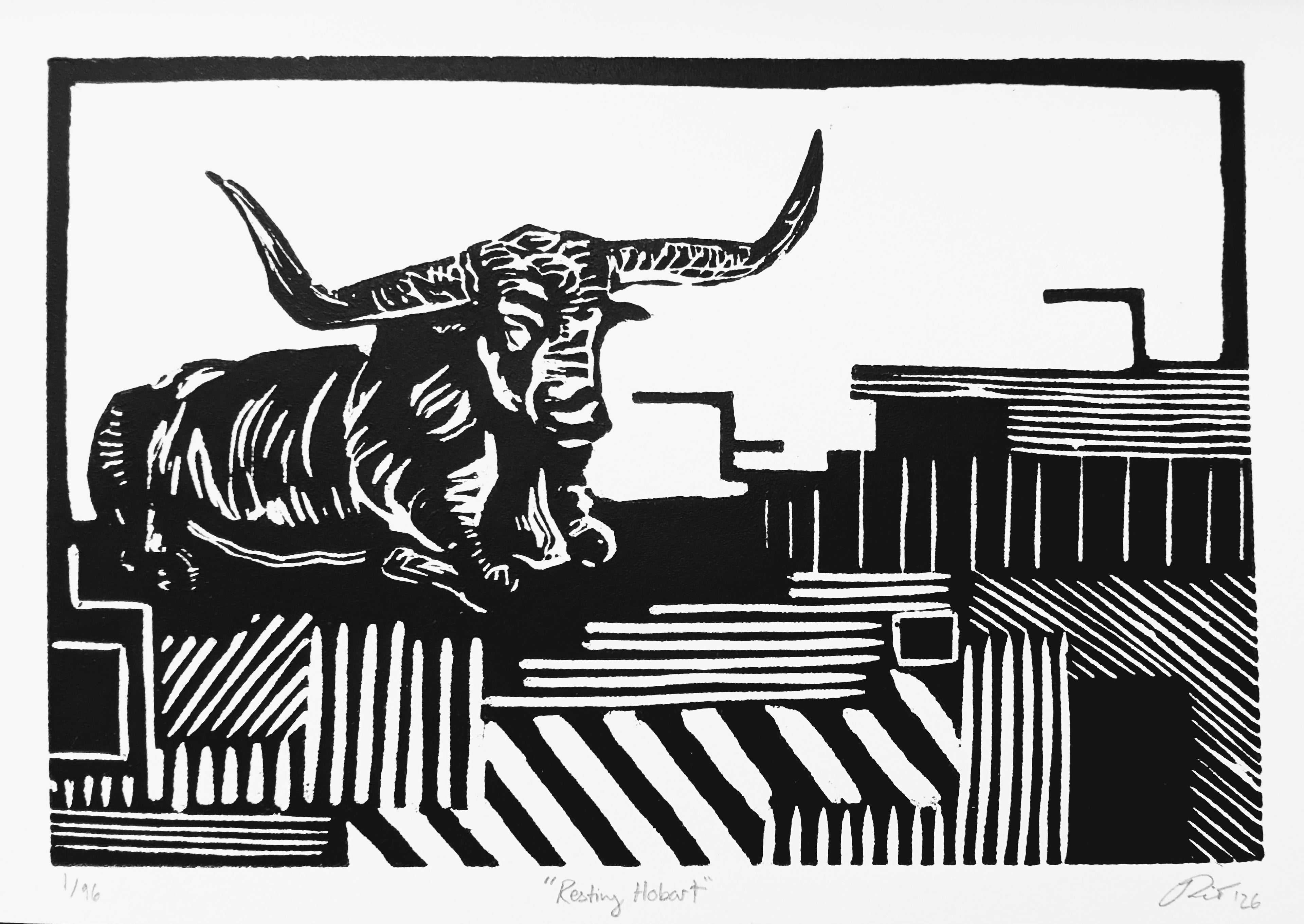 "Resting Hobart" — Woodblock Print, Ink on Paper, 9"×6"