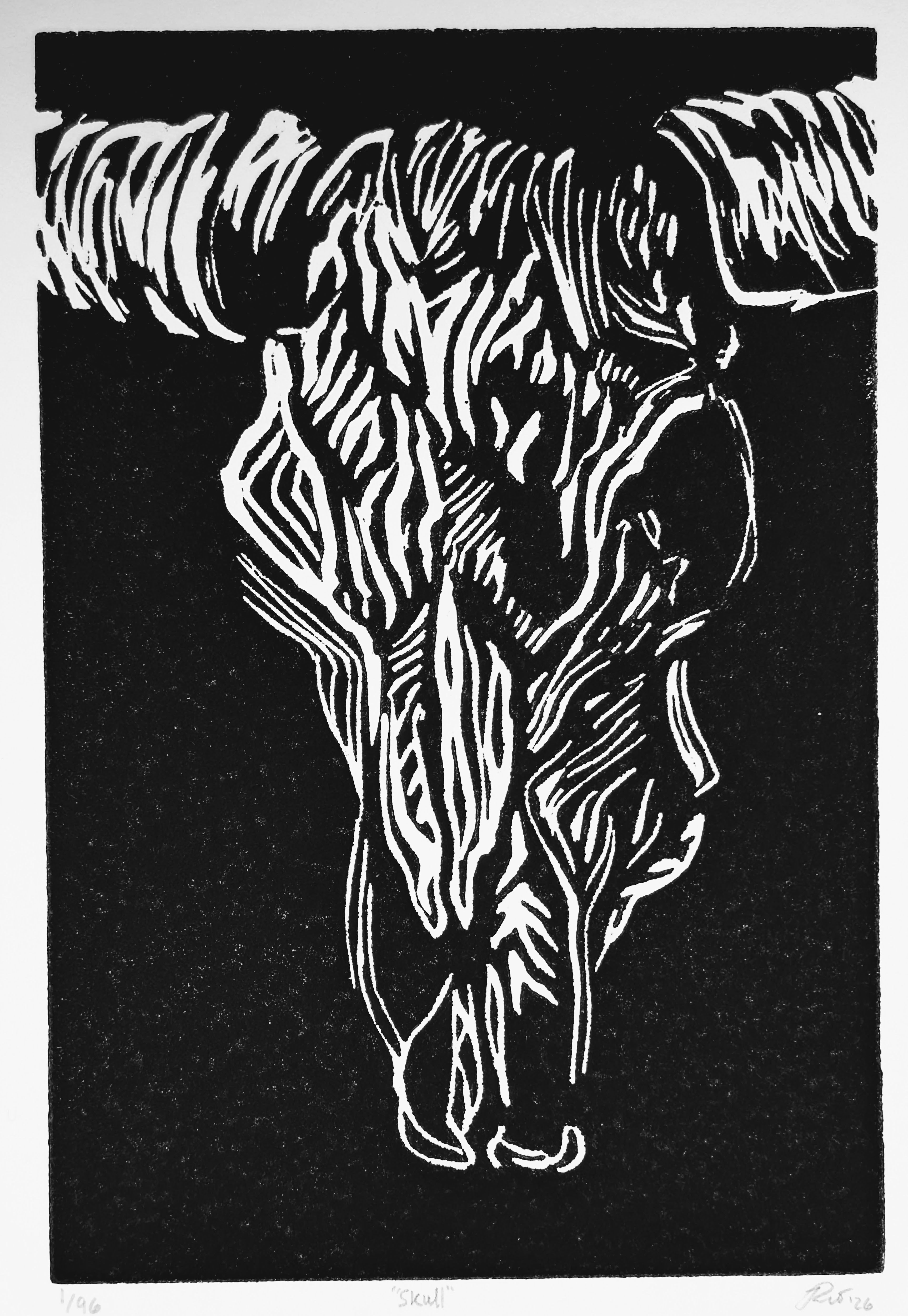 "Skull" — Woodblock Print, Ink on Paper, 6"×9"