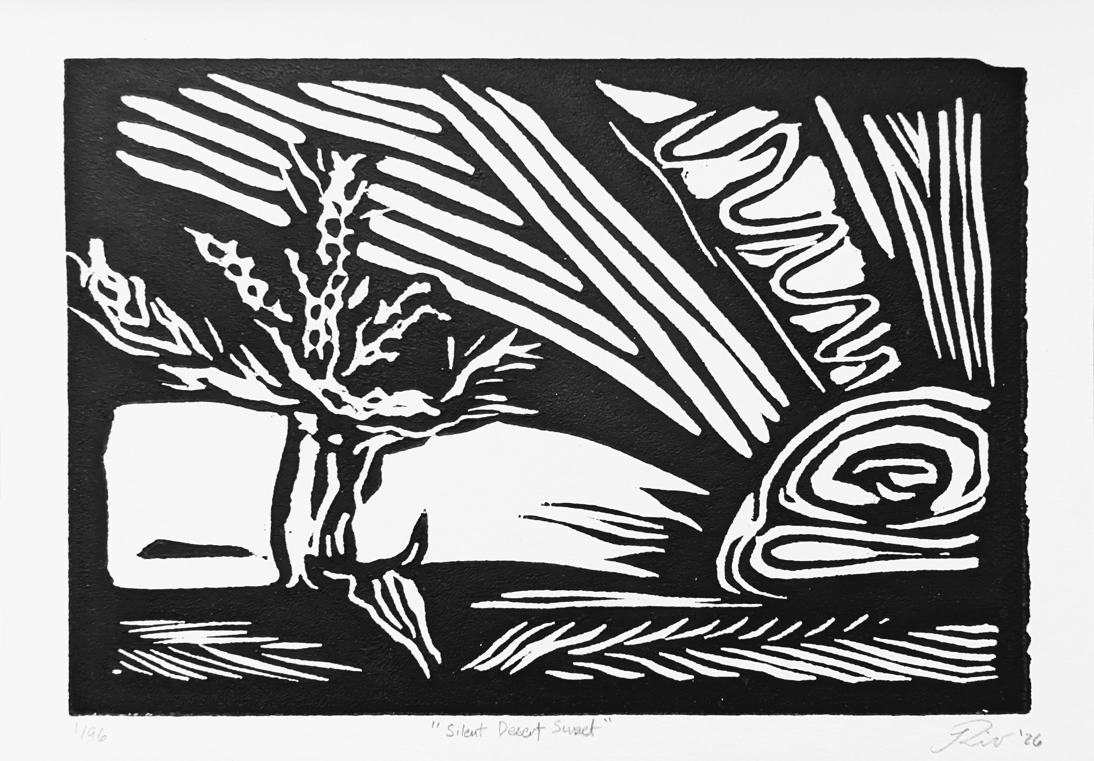 "Silent Desert Sunset" — Woodblock Print, Ink on Paper, 8.75"×6"
