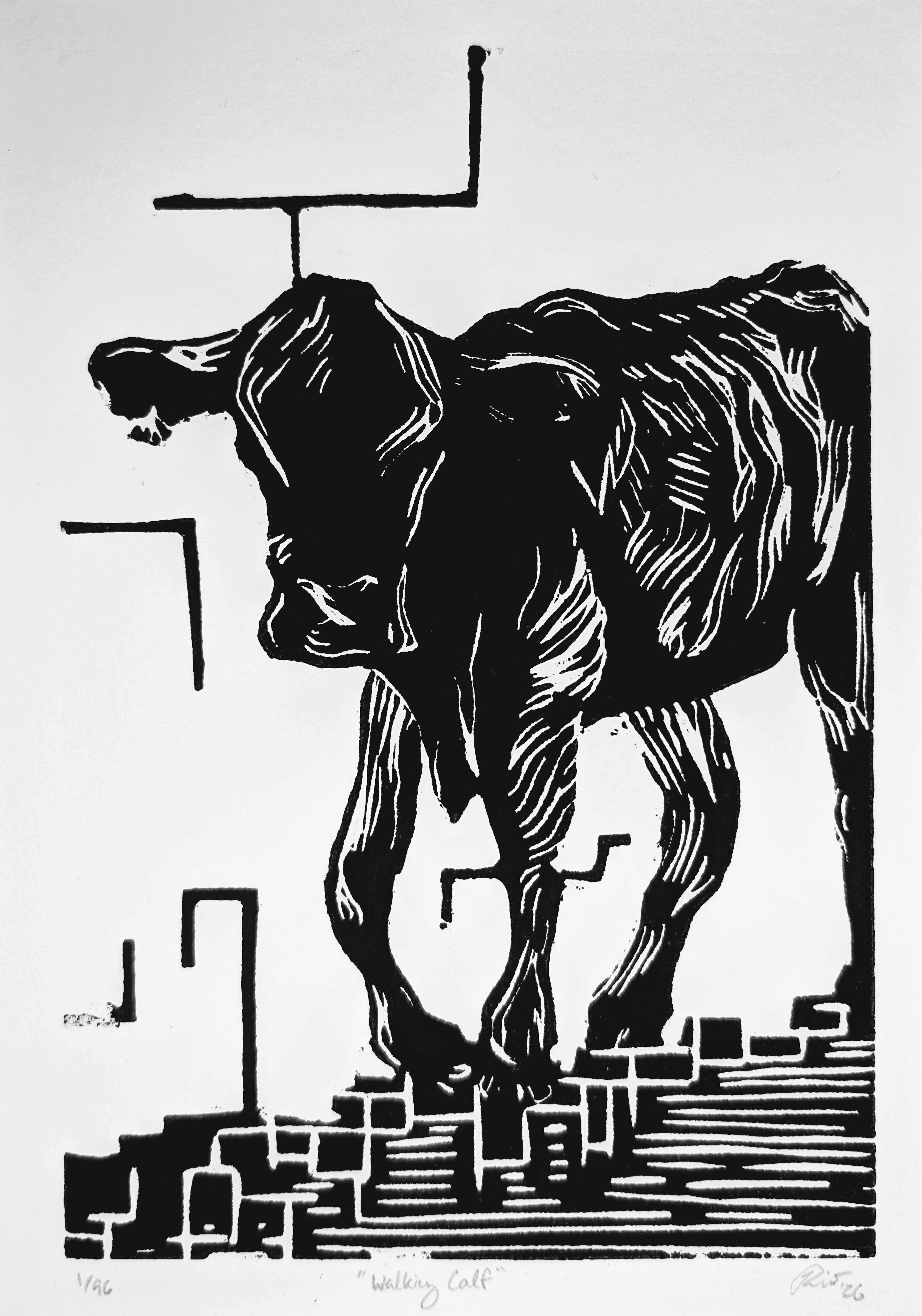 "Walking Calf" — Woodblock Print, Ink on Paper, 6"×9"