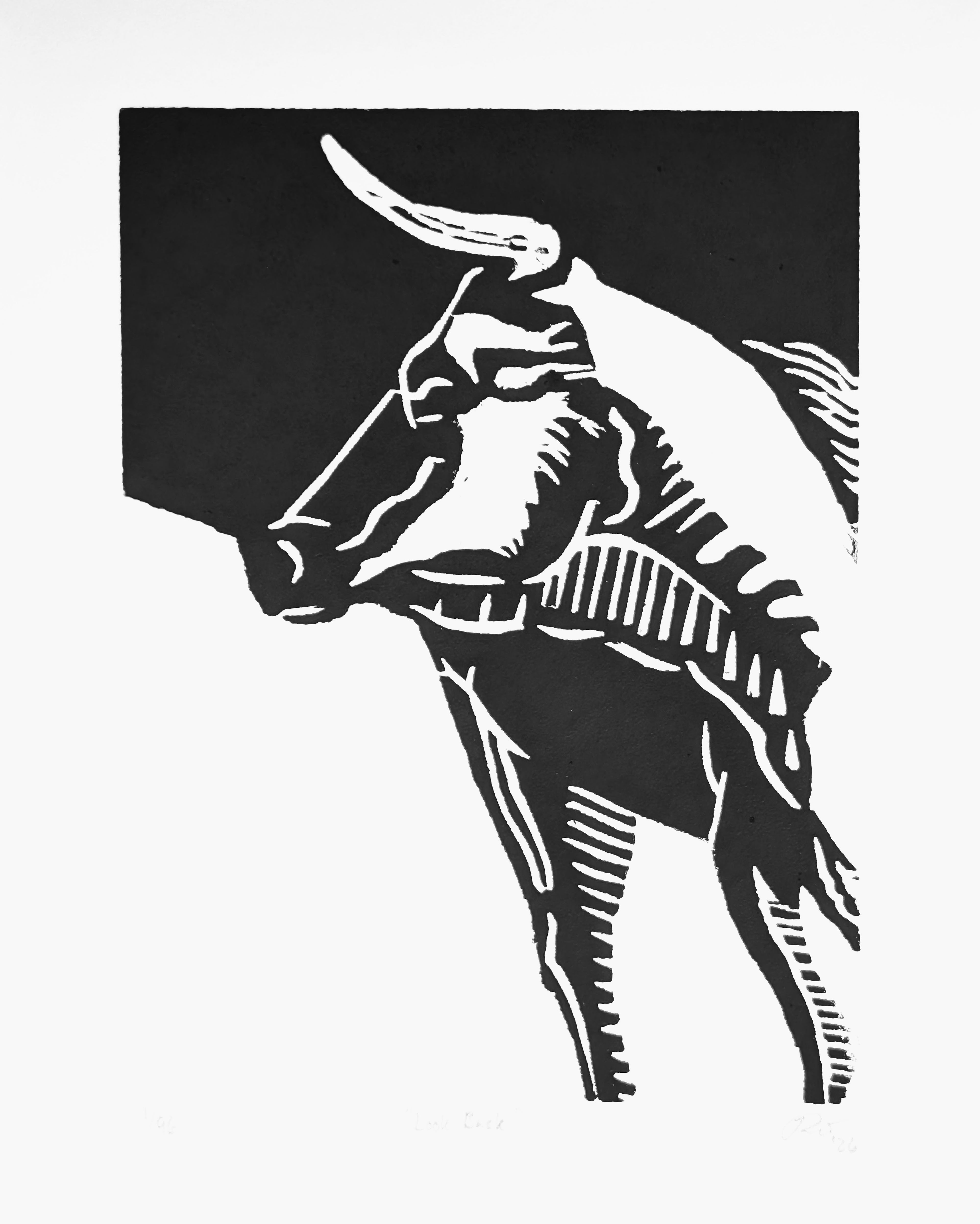 "Look Back" — Woodblock Print, Ink on Paper, 6"×8"